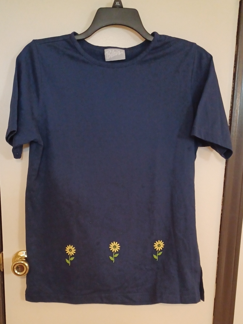 Blair Navy Blue Short Sleeve Tee with Yellow Flower Embroidered Trim